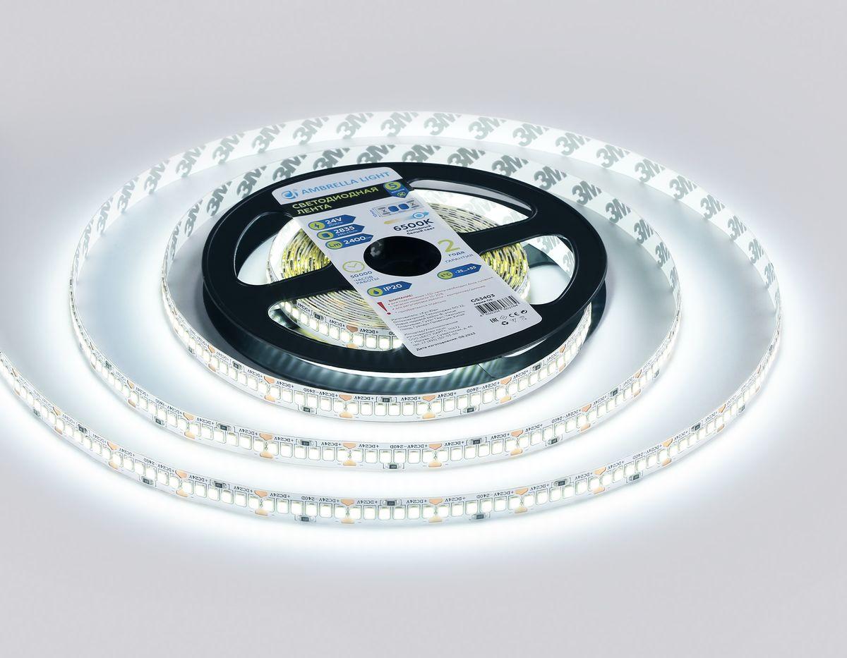 фото светодиодная лента холодный белый ambrella light 20w/m 240led/m 2835smd 6500к 5m gs3403 | 220svet.ru
