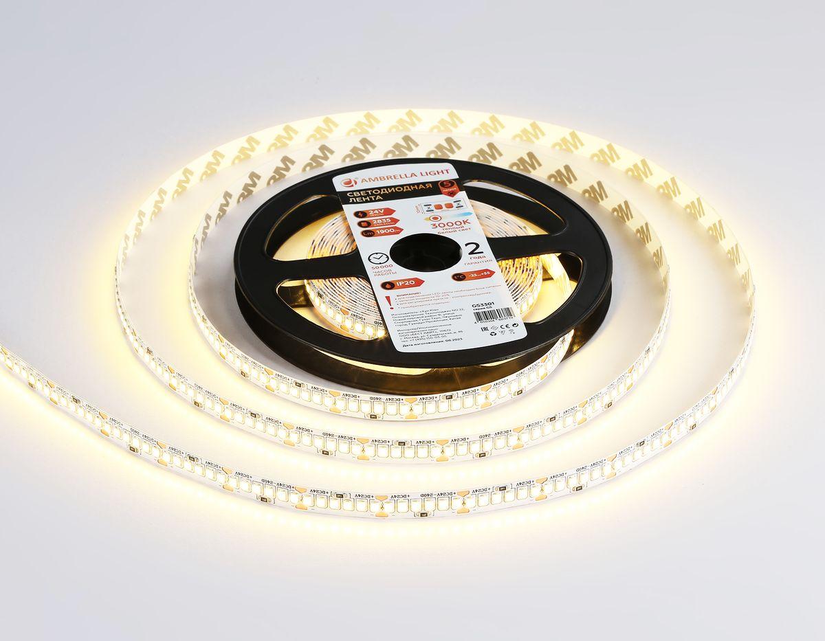 фото светодиодная лента теплый белый ambrella light 18w/m 240led/m 2835smd 3000к 5m gs3301 | 220svet.ru
