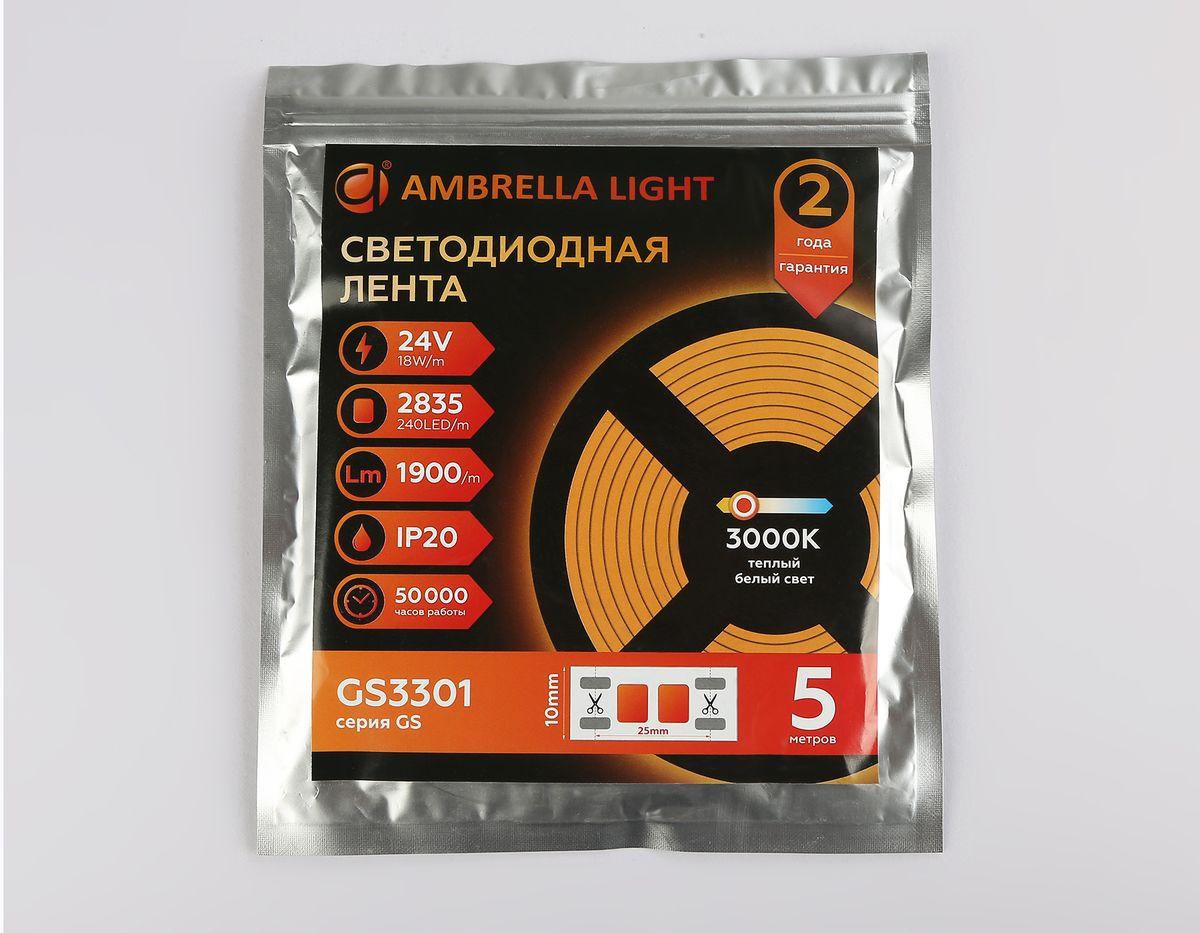 фото светодиодная лента теплый белый ambrella light 18w/m 240led/m 2835smd 3000к 5m gs3301 | 220svet.ru
