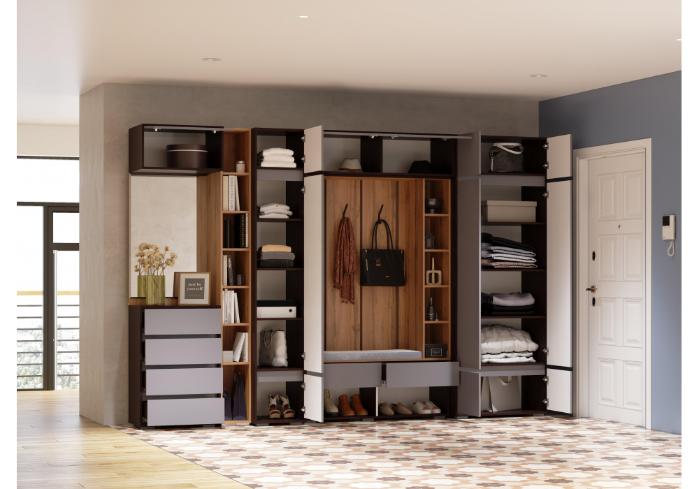 фото прихожая комплектация 2 woodville роут венге / графит софт 596589 | 220svet.ru