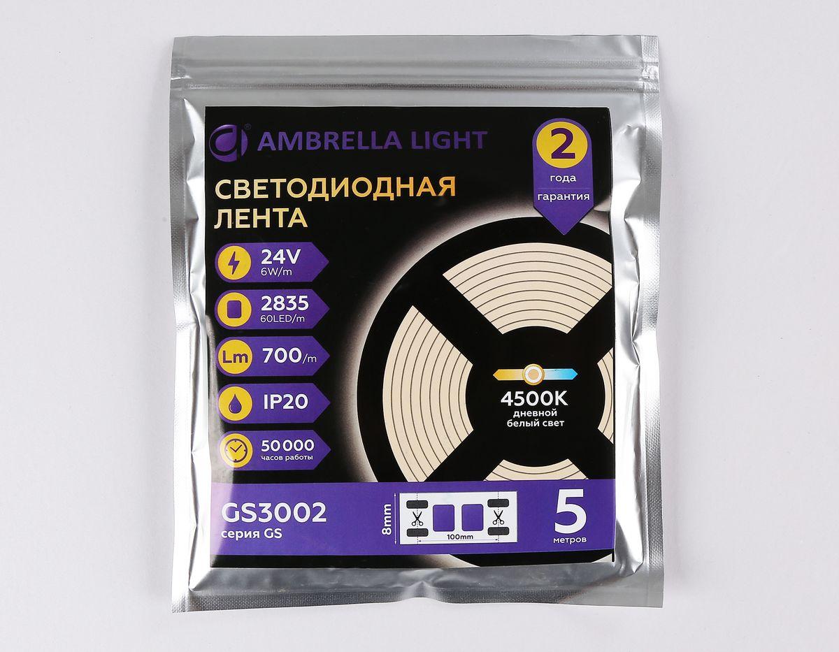 фото светодиодная лента дневной белый ambrella light 6w/m 60led/m 2835smd 4500к 5m gs3002 | 220svet.ru