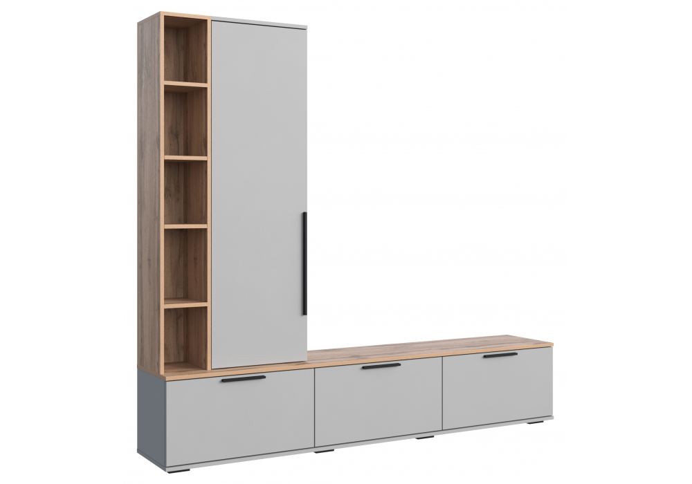 фото готовая гостиная комплектация 1 woodville филеста шиншилла серая / дуб вотан 664940 | 220svet.ru