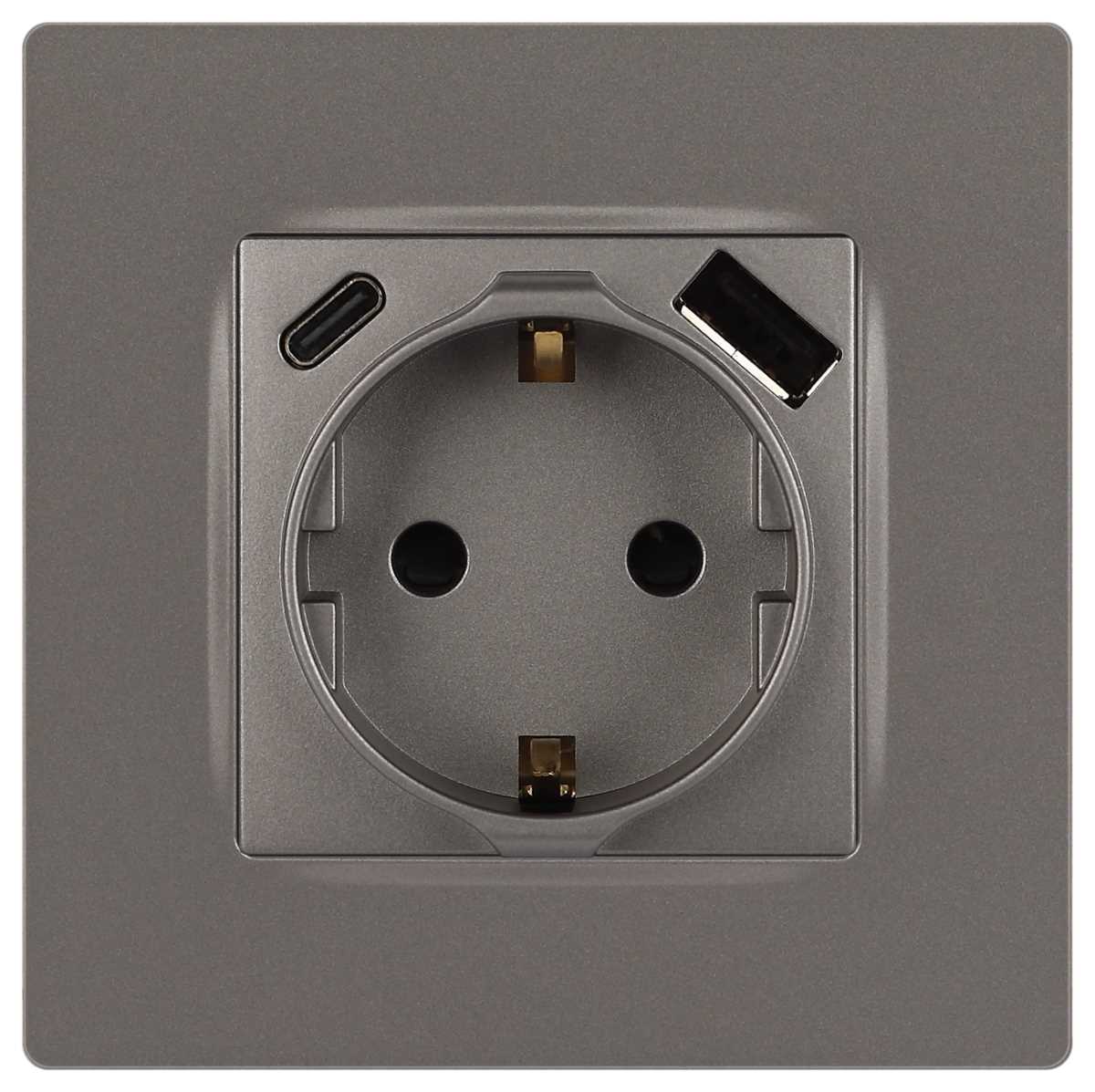 фото розетка эра серия 12 12-4108-16 2p+e 16a-250в со шторками с usb type-a+c 5в-3а титан б0067762 | 220svet.ru