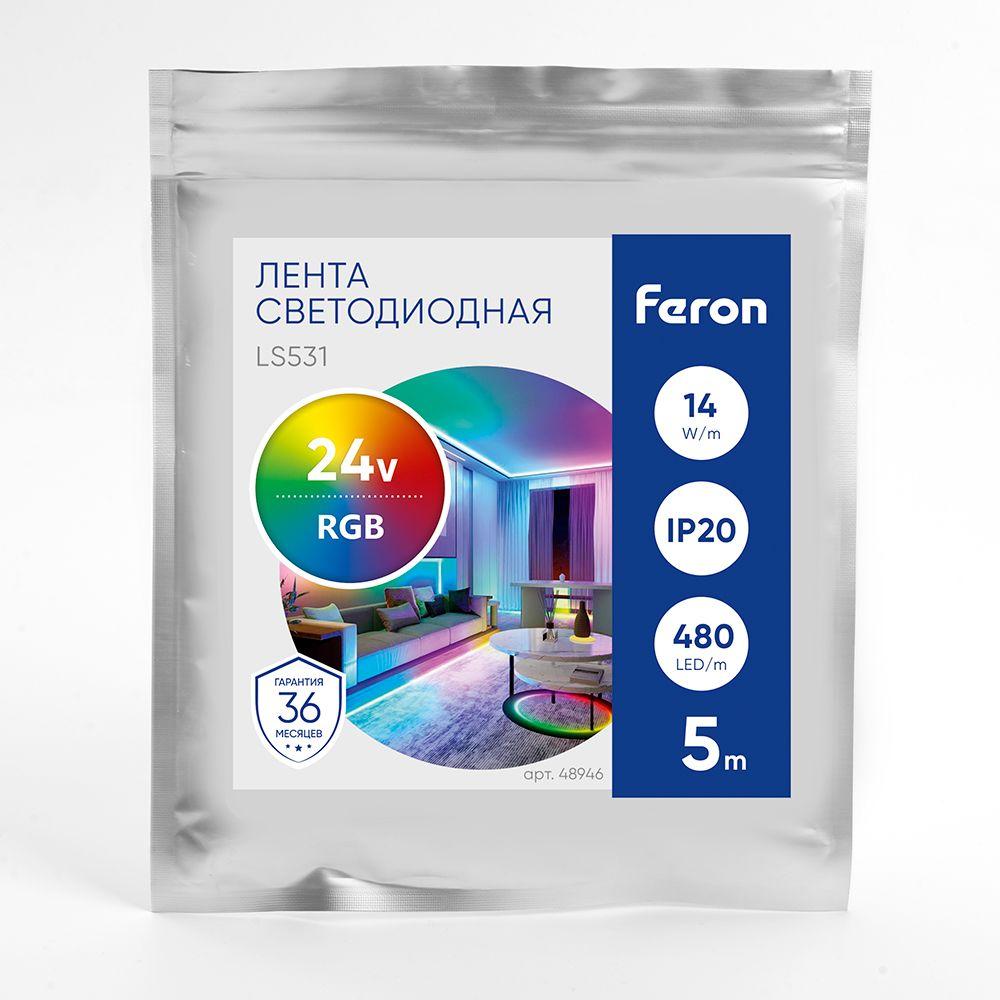фото светодиодная лента feron 14w/m 480led/m cob rgb 5м ls531 48946 | 220svet.ru