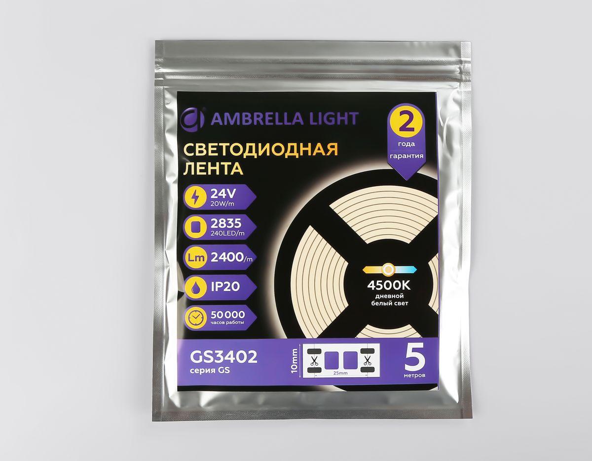 фото светодиодная лента дневной белый ambrella light 20w/m 240led/m 2835smd 4500к 5m gs3402 | 220svet.ru