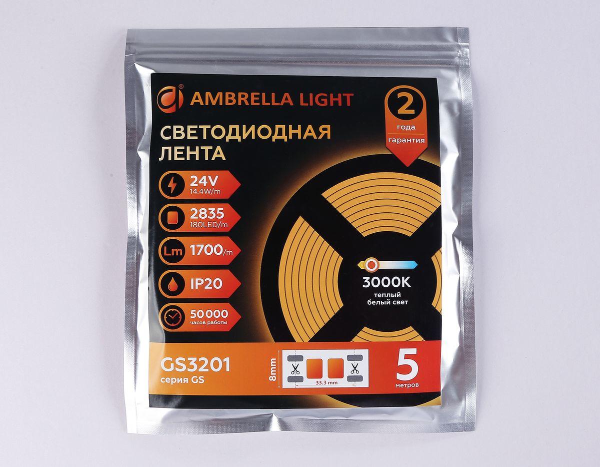 фото светодиодная лента теплый белый ambrella light 14,4w/m 180led/m 2835smd 3000к 5m gs3201 | 220svet.ru