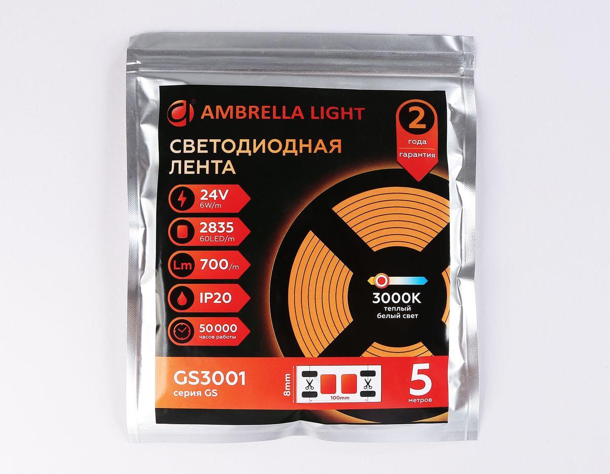 фото светодиодная лента теплый белый ambrella light 6w/m 60led/m 2835smd 3000к 5m gs3001 | 220svet.ru